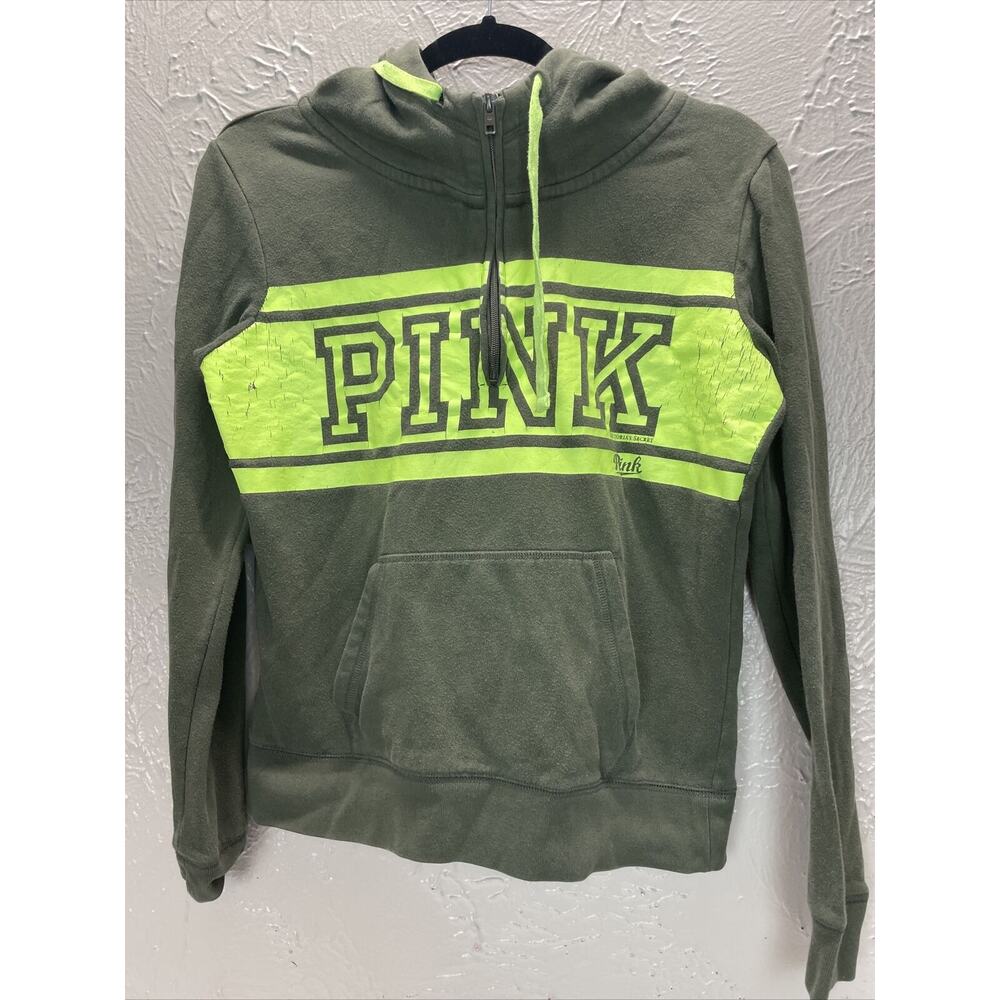 Victoria's Secret PINK Women's 1/4 Zip Pullover Sweatshirt Hoodie Green Small